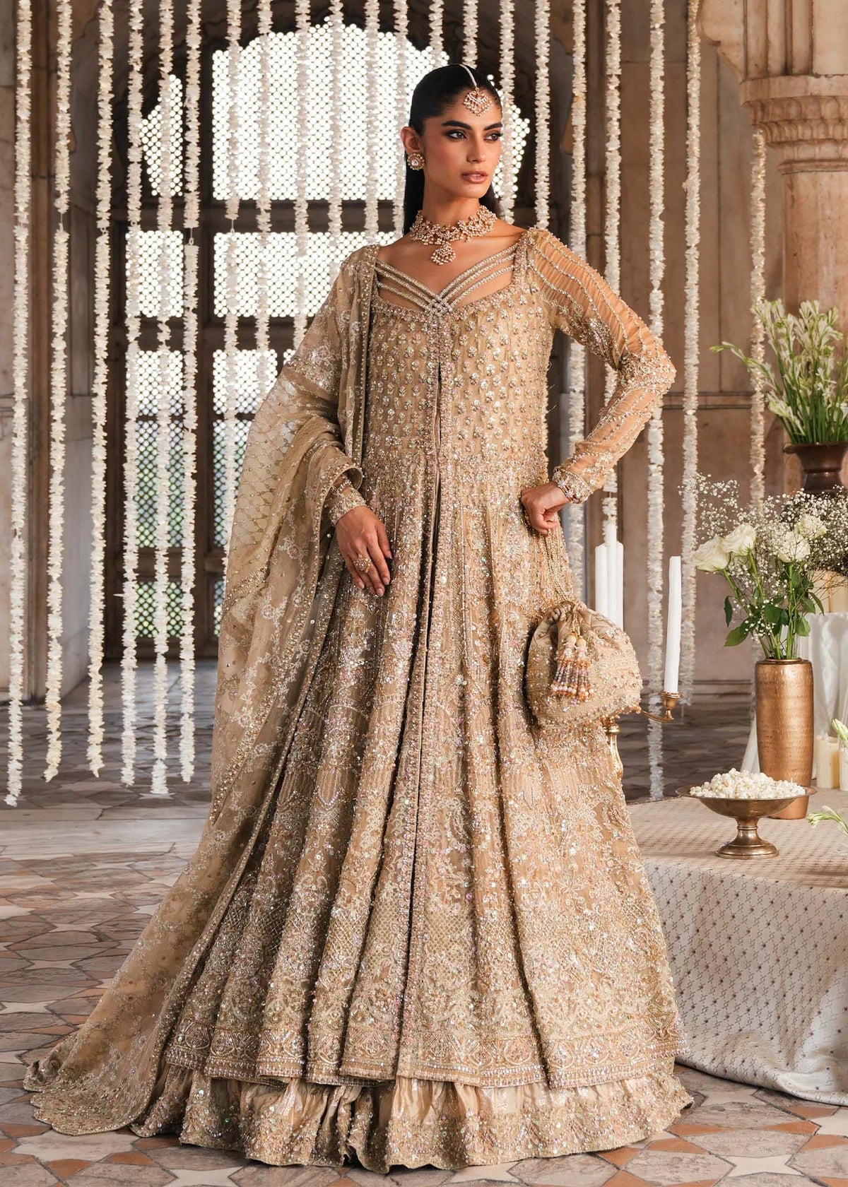 DARAKSHAN – Nude bridal maxi suit with organza gown, tissue badlaa maxi, and embroidered dupatta. Stitched couture outfit at Pakistanimoda.