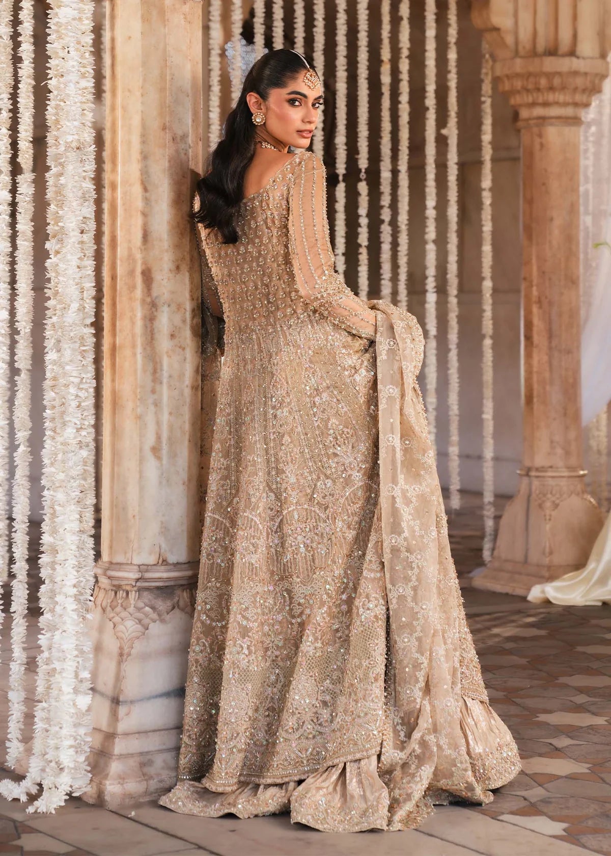 DARAKSHAN – Nude bridal maxi suit with organza gown, tissue badlaa maxi, and embroidered dupatta. Stitched couture outfit at Pakistanimoda.