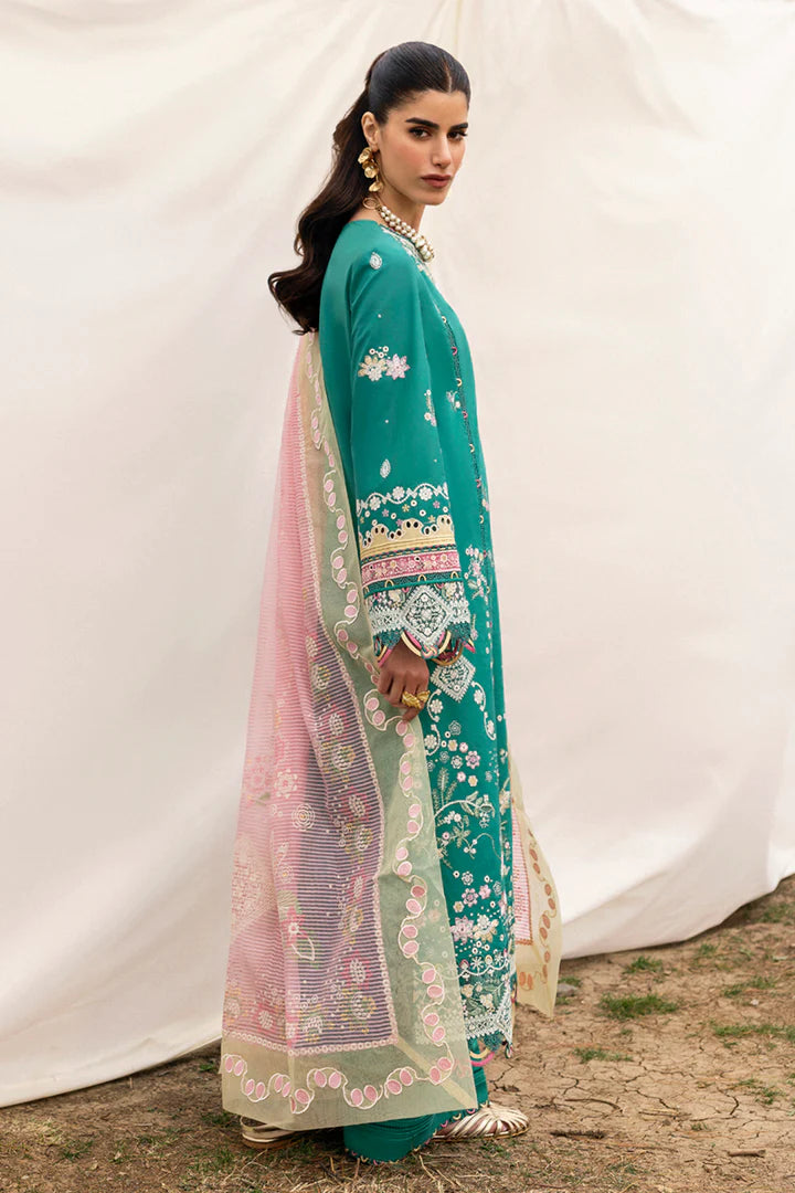 DC-08 Elida- Aqua Green Qlinekari Lawn Suit '25 By- Qalamkar
