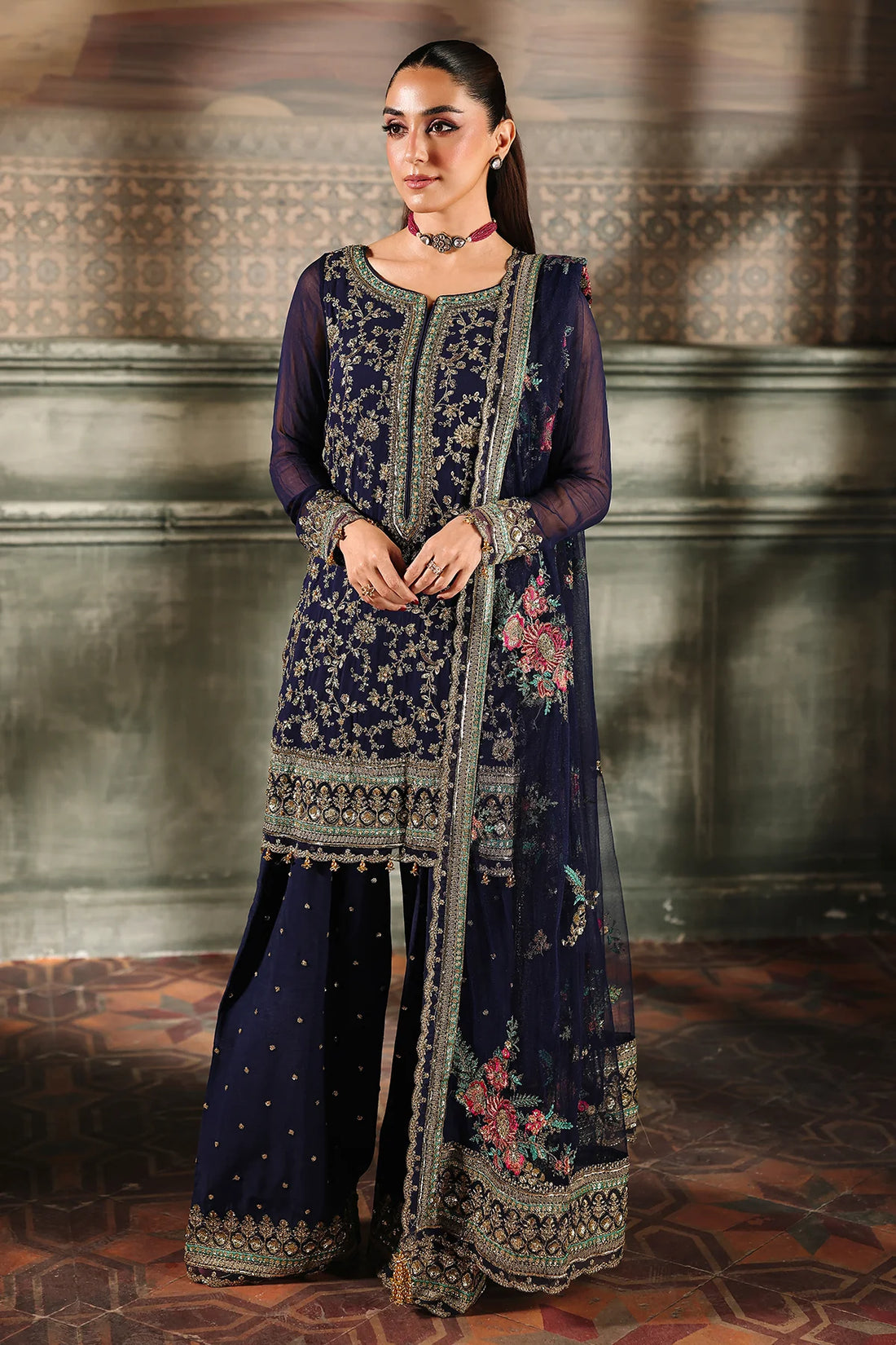 DJW5-01 navy blue embroidered chiffon outfit with dupatta & trousers – stitched festive Charizma dress.