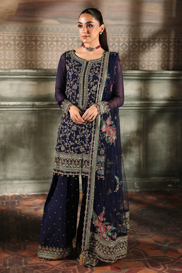 DJW5-01 navy blue embroidered chiffon outfit with dupatta & trousers – stitched festive Charizma dress.
