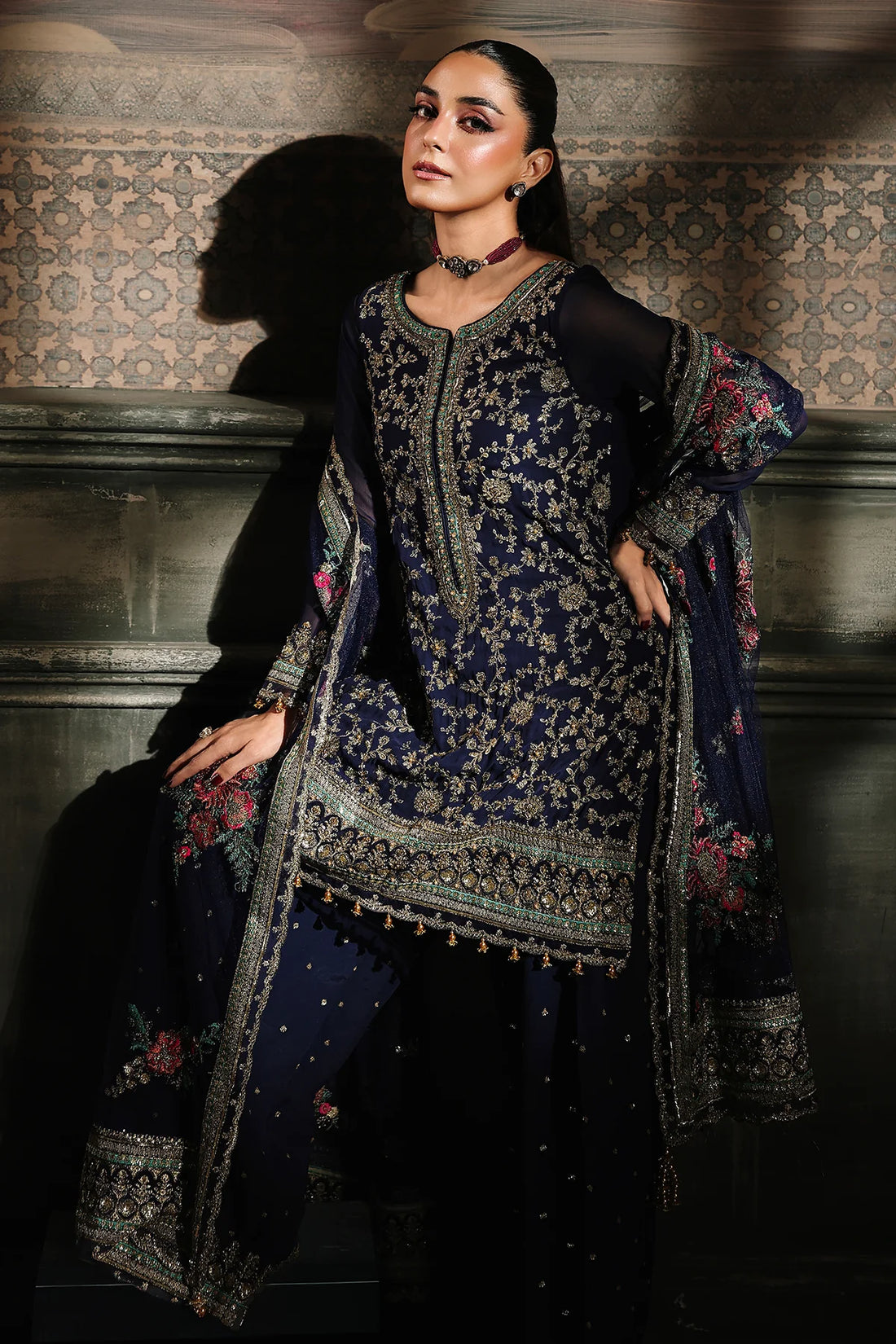 DJW5-01 navy blue embroidered chiffon outfit with dupatta & trousers – stitched festive Charizma dress.
