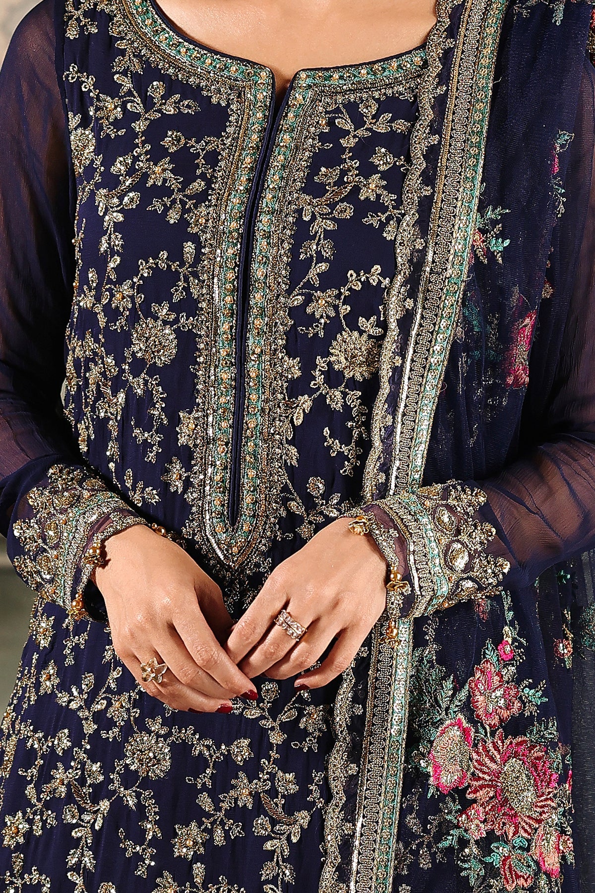 DJW5-01 navy blue embroidered chiffon outfit with dupatta & trousers – stitched festive Charizma dress.
