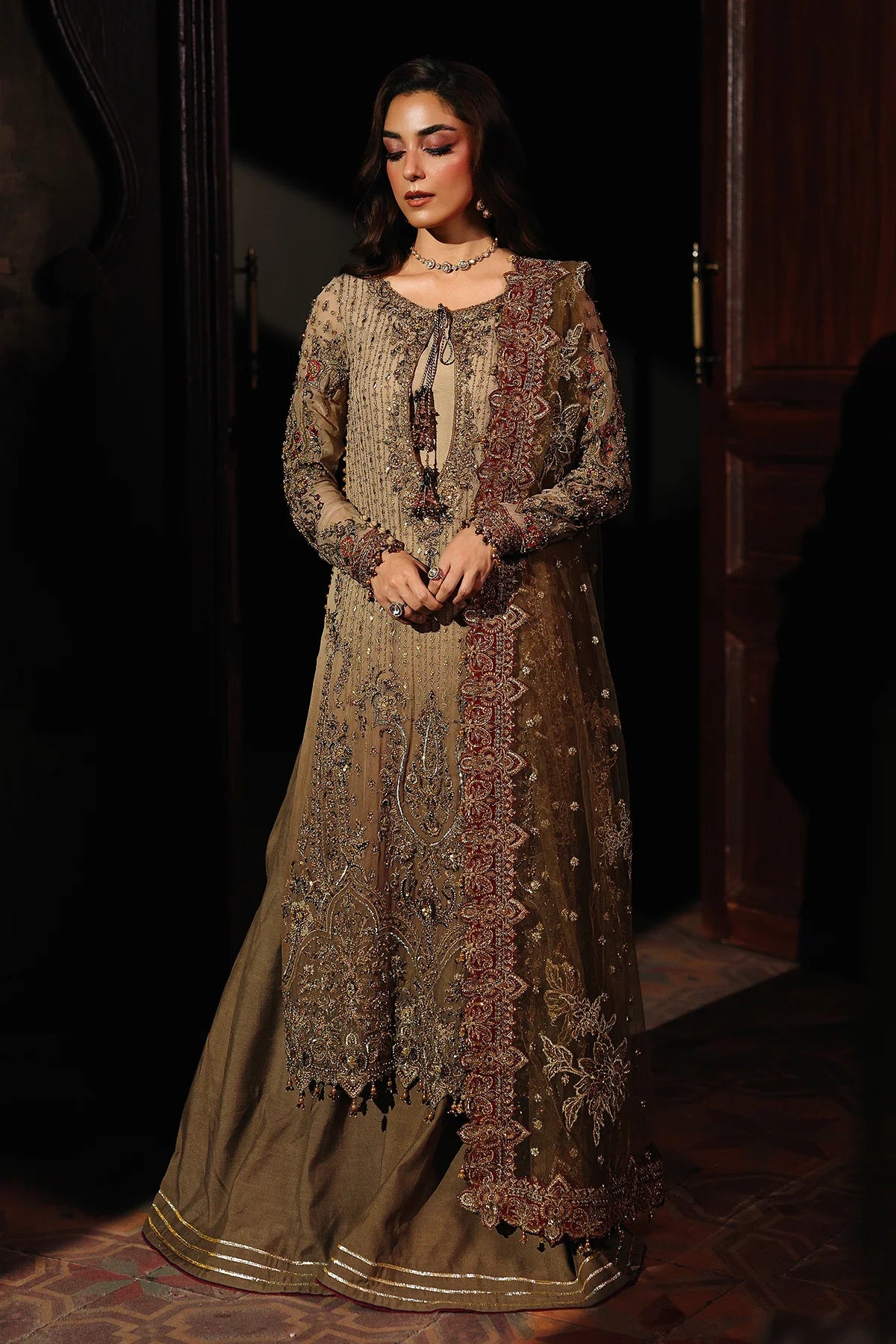 DJW5-02 luxury beige chiffon formal dress with embroidery, dupatta & silk trousers – stitched Charizma outfit order online.