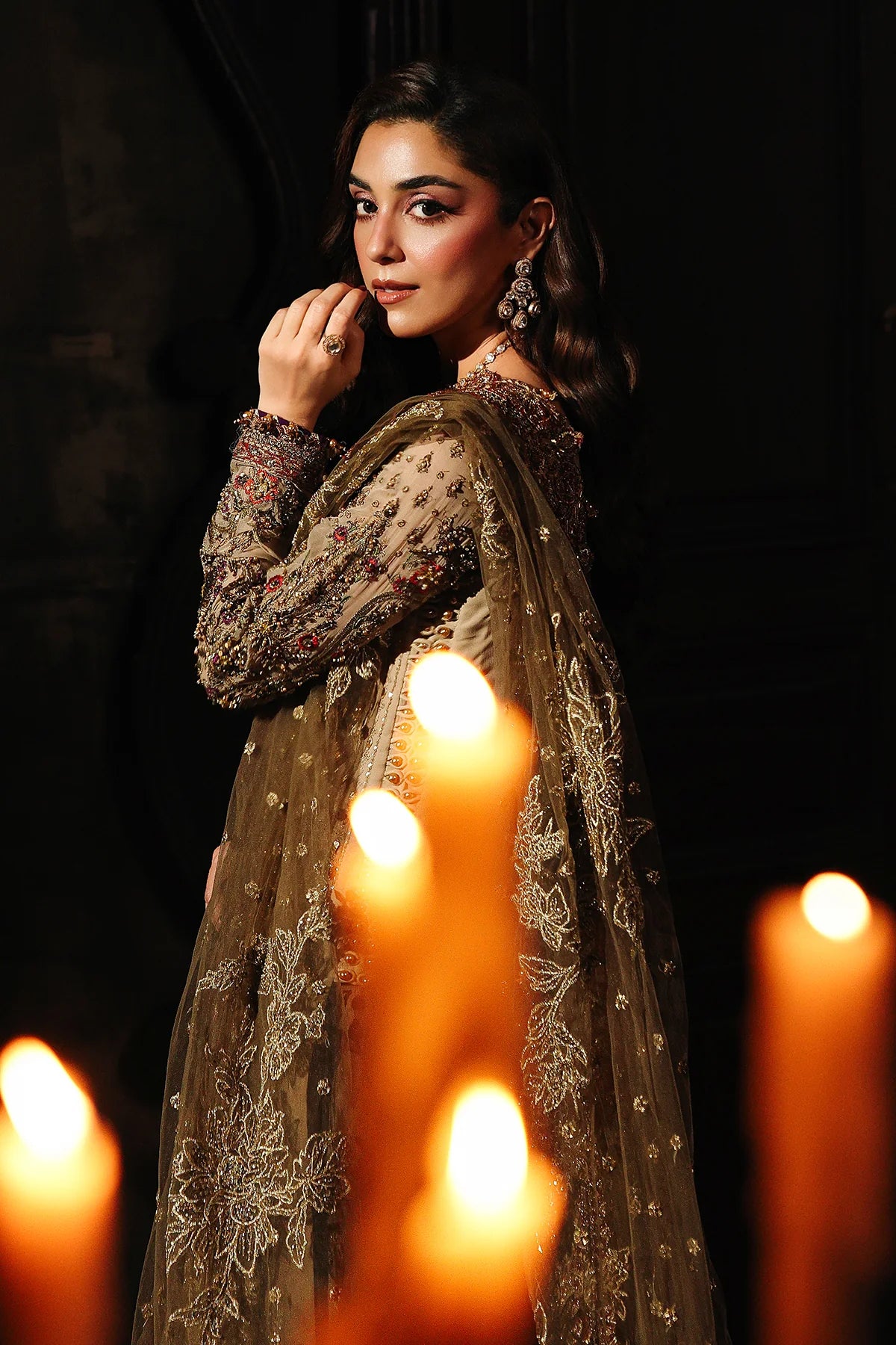 DJW5-02 luxury beige chiffon formal dress with embroidery, dupatta & silk trousers – stitched Charizma outfit order online.