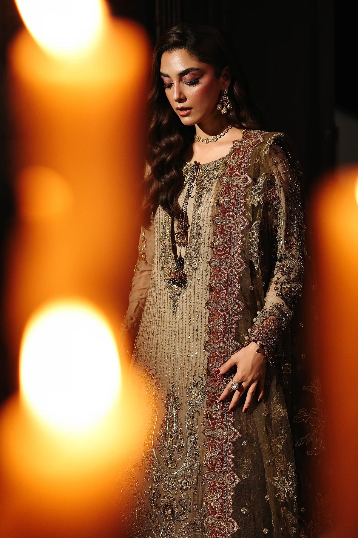 DJW5-02 luxury beige chiffon formal dress with embroidery, dupatta & silk trousers – stitched Charizma outfit order online.