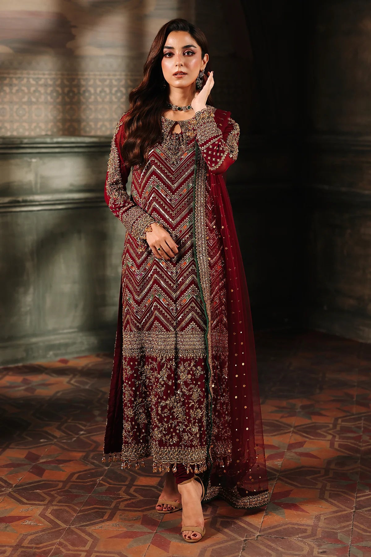DJW5-03 stitched maroon chiffon suit with hand embroidery, dupatta & trousers – Charizma festive outfit.