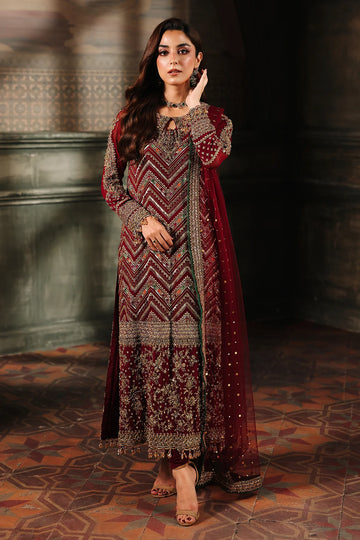 DJW5-03 stitched maroon chiffon suit with hand embroidery, dupatta & trousers – Charizma festive outfit.