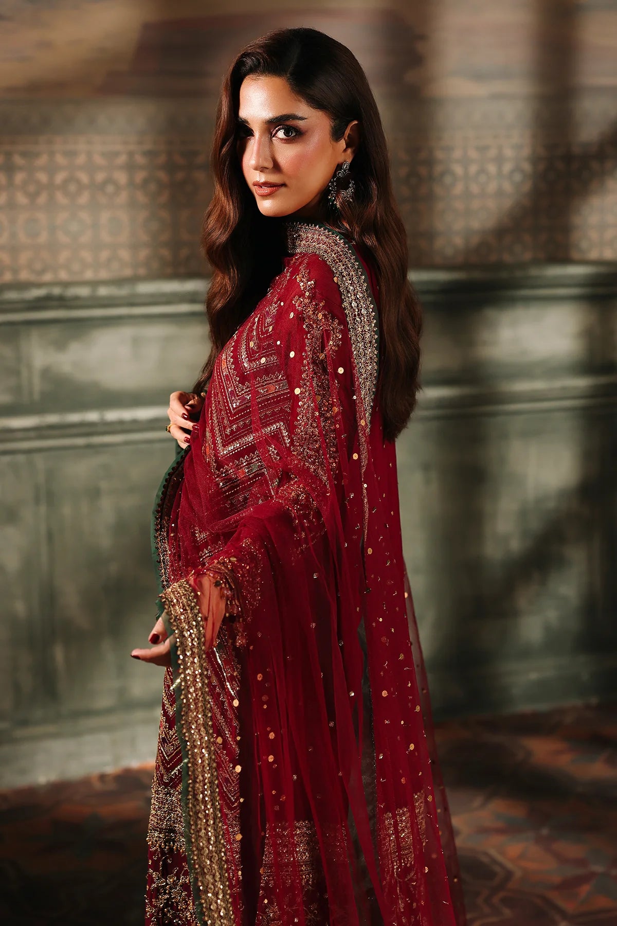 DJW5-03 stitched maroon chiffon suit with hand embroidery, dupatta & trousers – Charizma festive outfit.