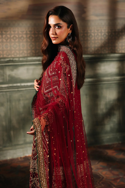DJW5-03 stitched maroon chiffon suit with hand embroidery, dupatta & trousers – Charizma festive outfit.