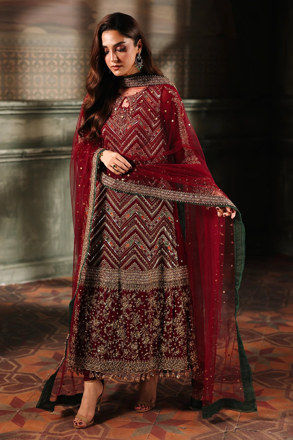 DJW5-03 stitched maroon chiffon suit with hand embroidery, dupatta & trousers – Charizma festive outfit.