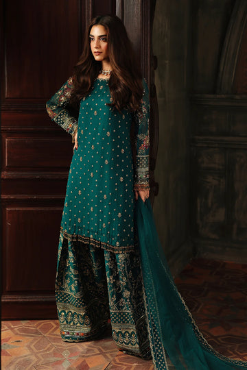 DJW5-04 teal chiffon farshi shalwar outfit with embroidery & dupatta – stitched Charizma ensemble for weddings & festive occasions.