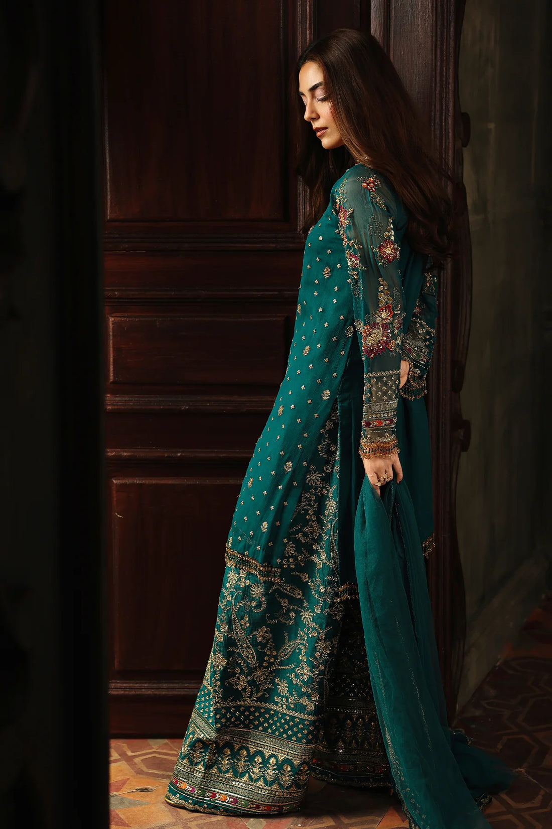 DJW5-04 teal chiffon farshi shalwar outfit with embroidery & dupatta – stitched Charizma ensemble for weddings & festive occasions.