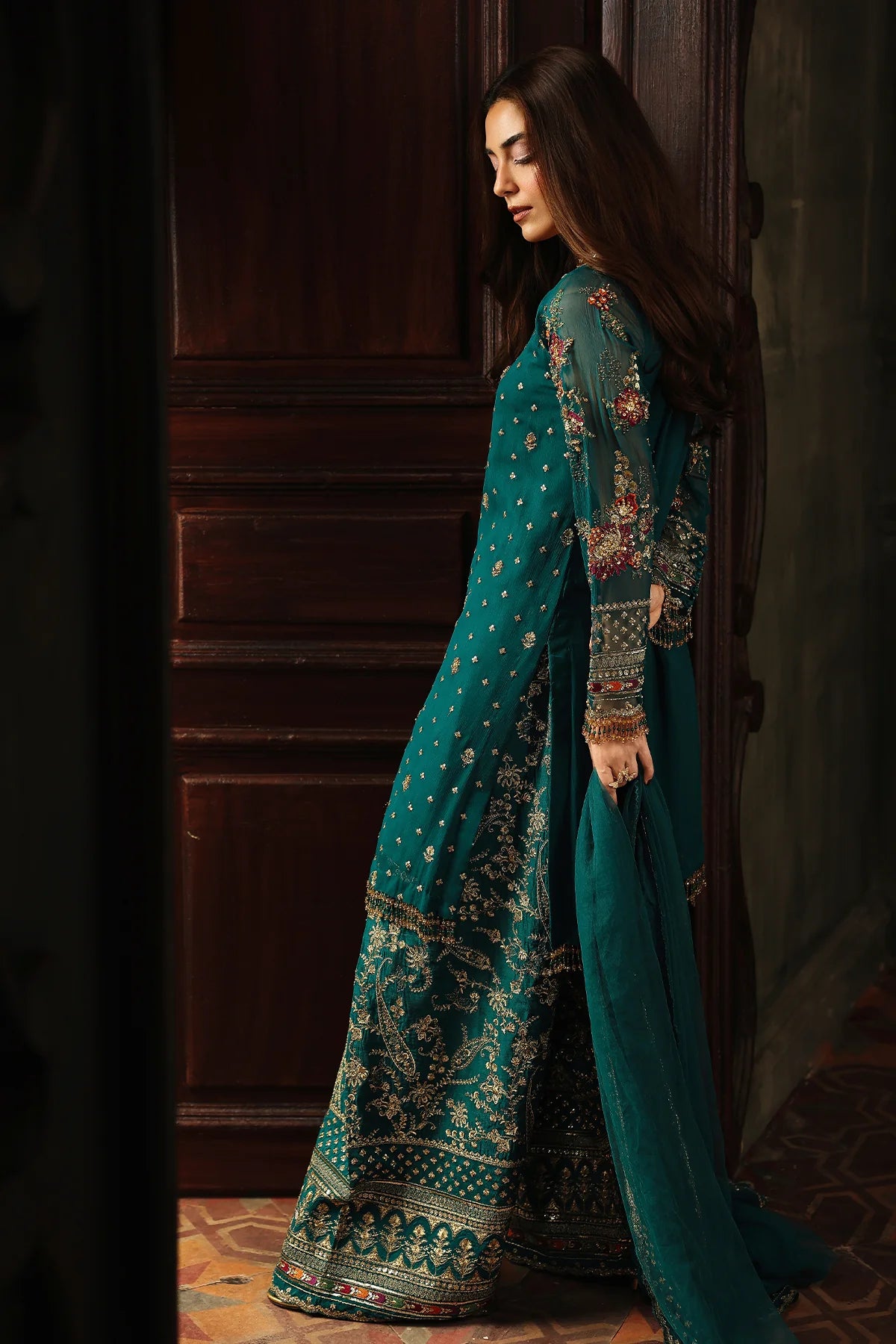 DJW5-04 teal chiffon farshi shalwar outfit with embroidery & dupatta – stitched Charizma ensemble for weddings & festive occasions.