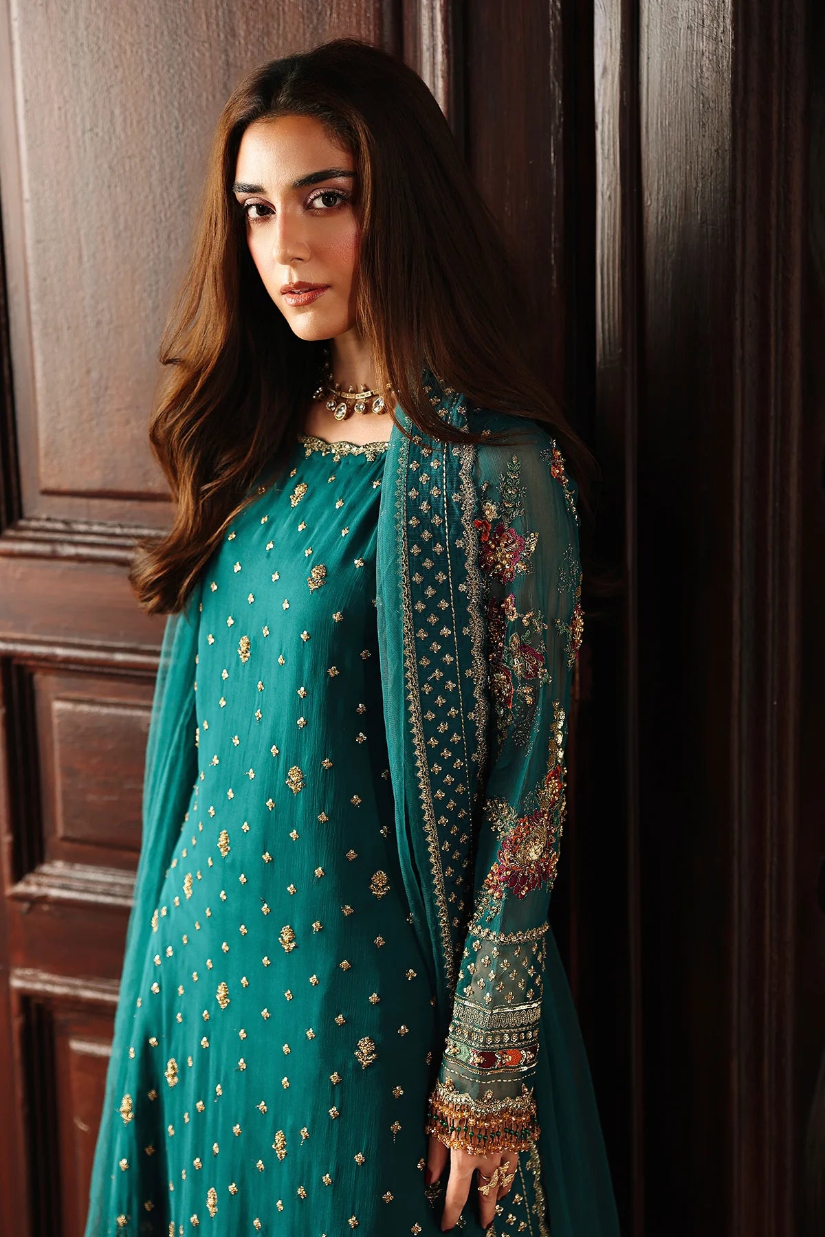 DJW5-04 teal chiffon farshi shalwar outfit with embroidery & dupatta – stitched Charizma ensemble for weddings & festive occasions.
