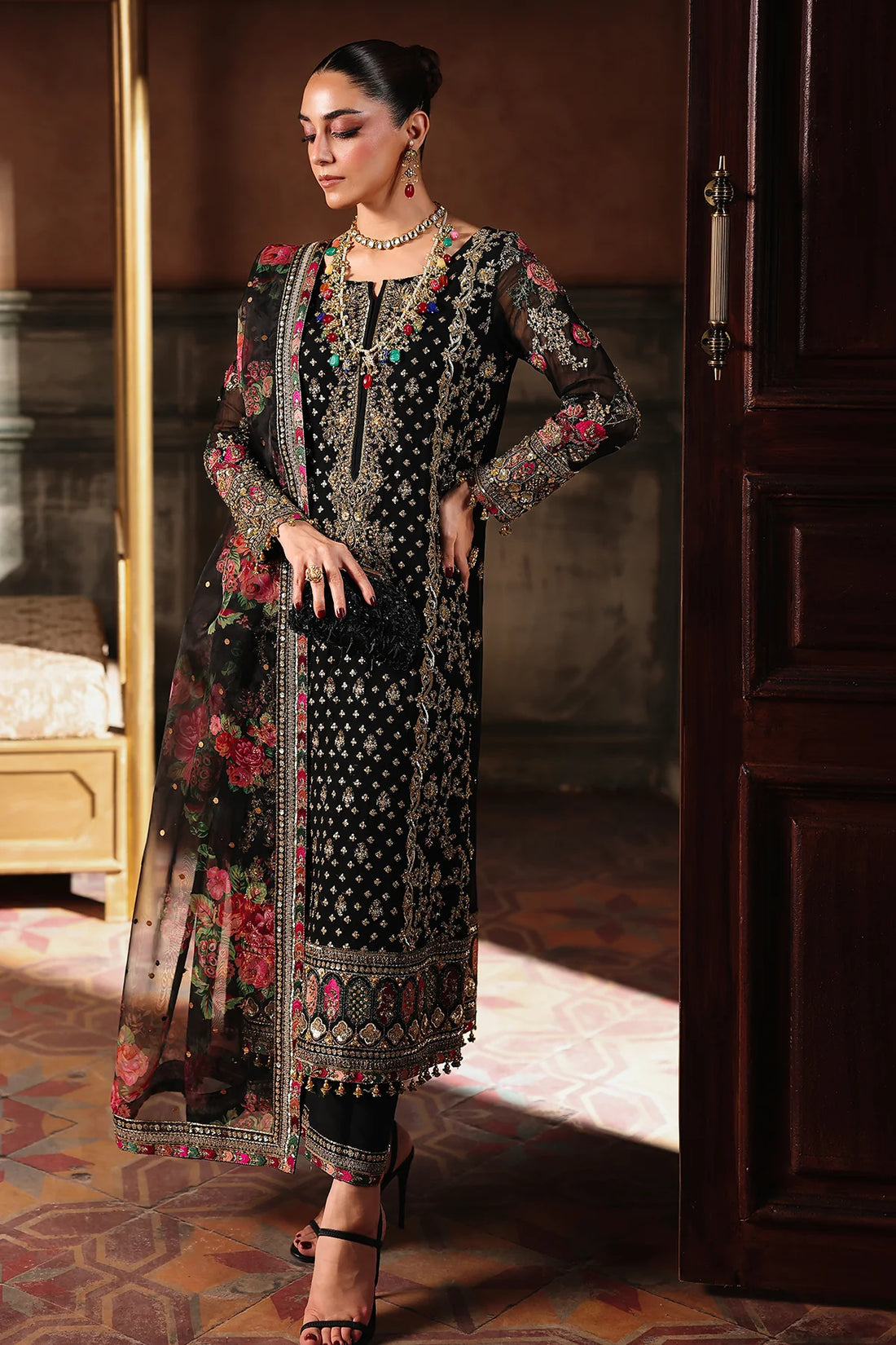 DJW5-05 stitched black chiffon embroidered dress with organza dupatta & silk trousers – Charizma festive stitched outfit.