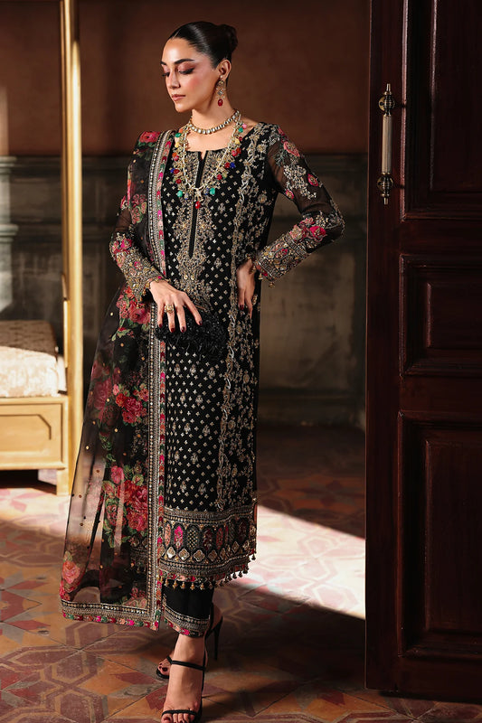 DJW5-05 stitched black chiffon embroidered dress with organza dupatta & silk trousers – Charizma festive stitched outfit.