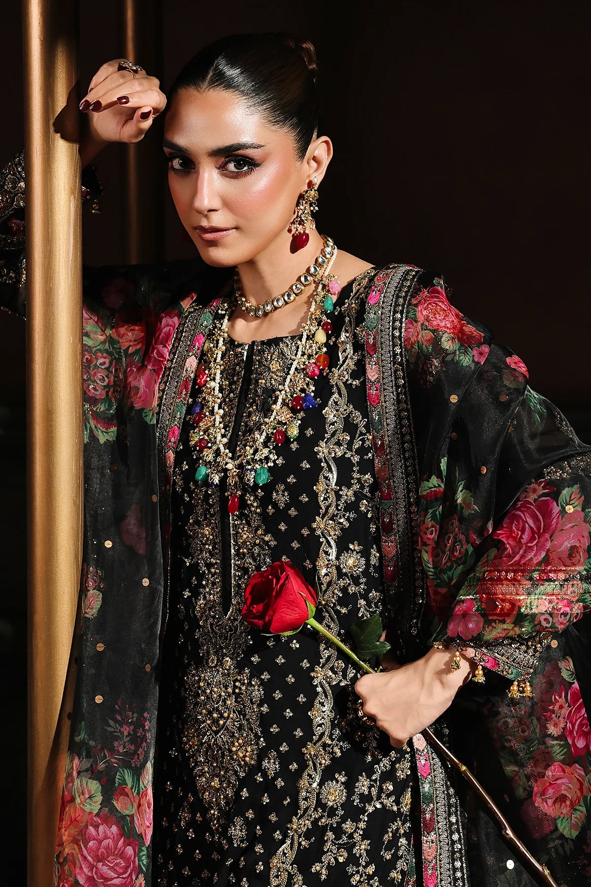 DJW5-05 stitched black chiffon embroidered dress with organza dupatta & silk trousers – Charizma festive stitched outfit.