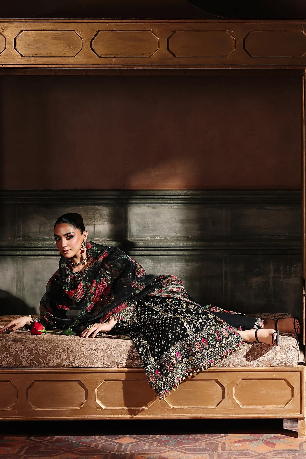DJW5-05 stitched black chiffon embroidered dress with organza dupatta & silk trousers – Charizma festive stitched outfit.