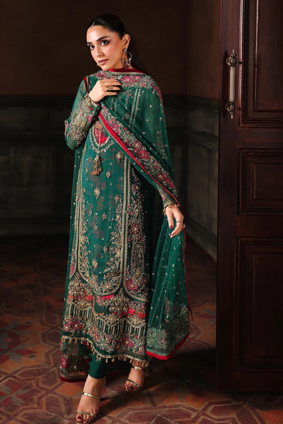 DJW5-06 emerald green chiffon embroidered dress with dupatta & trousers – stitched Charizma outfit for festive & formal occasions.