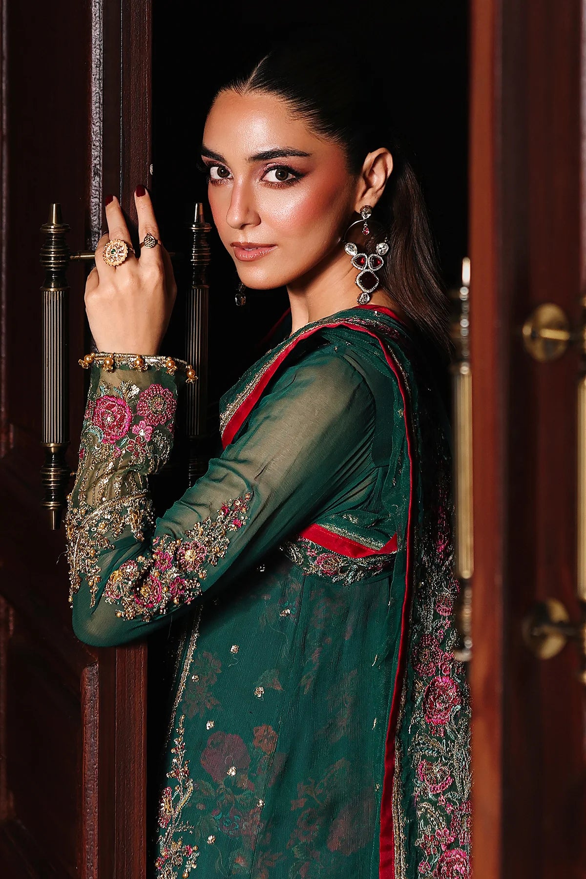 DJW5-06 emerald green chiffon embroidered dress with dupatta & trousers – stitched Charizma outfit for festive & formal occasions.
