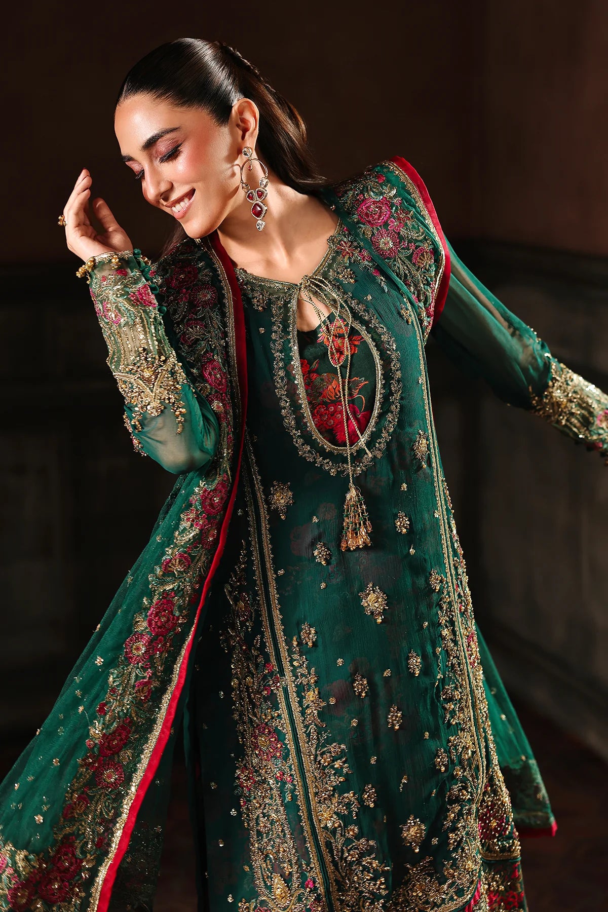 DJW5-06 emerald green chiffon embroidered dress with dupatta & trousers – stitched Charizma outfit for festive & formal occasions.
