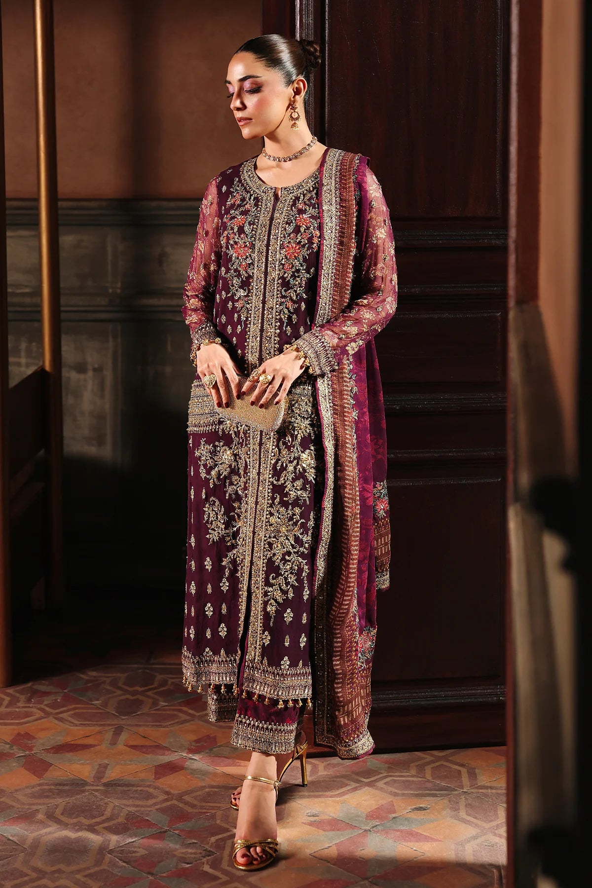 DJW5-07 lavender chiffon embroidered outfit with dupatta & silk trousers – stitched ready-to-wear Charizma festive dress.