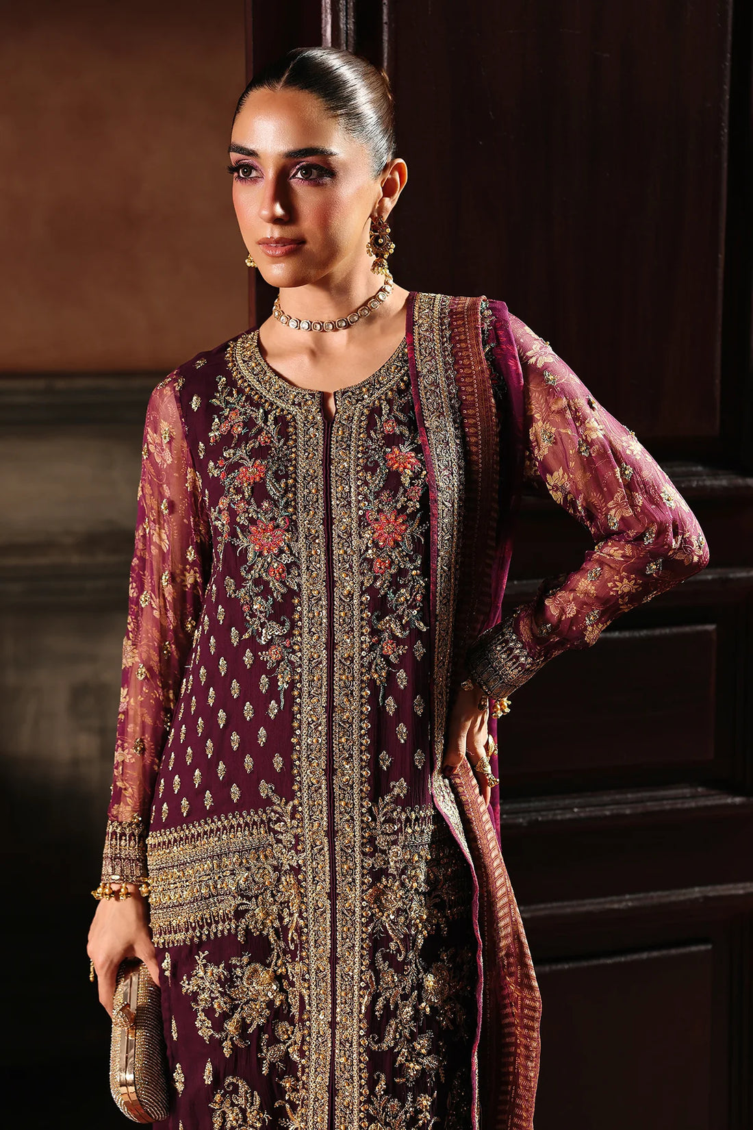 DJW5-07 lavender chiffon embroidered outfit with dupatta & silk trousers – stitched ready-to-wear Charizma festive dress.