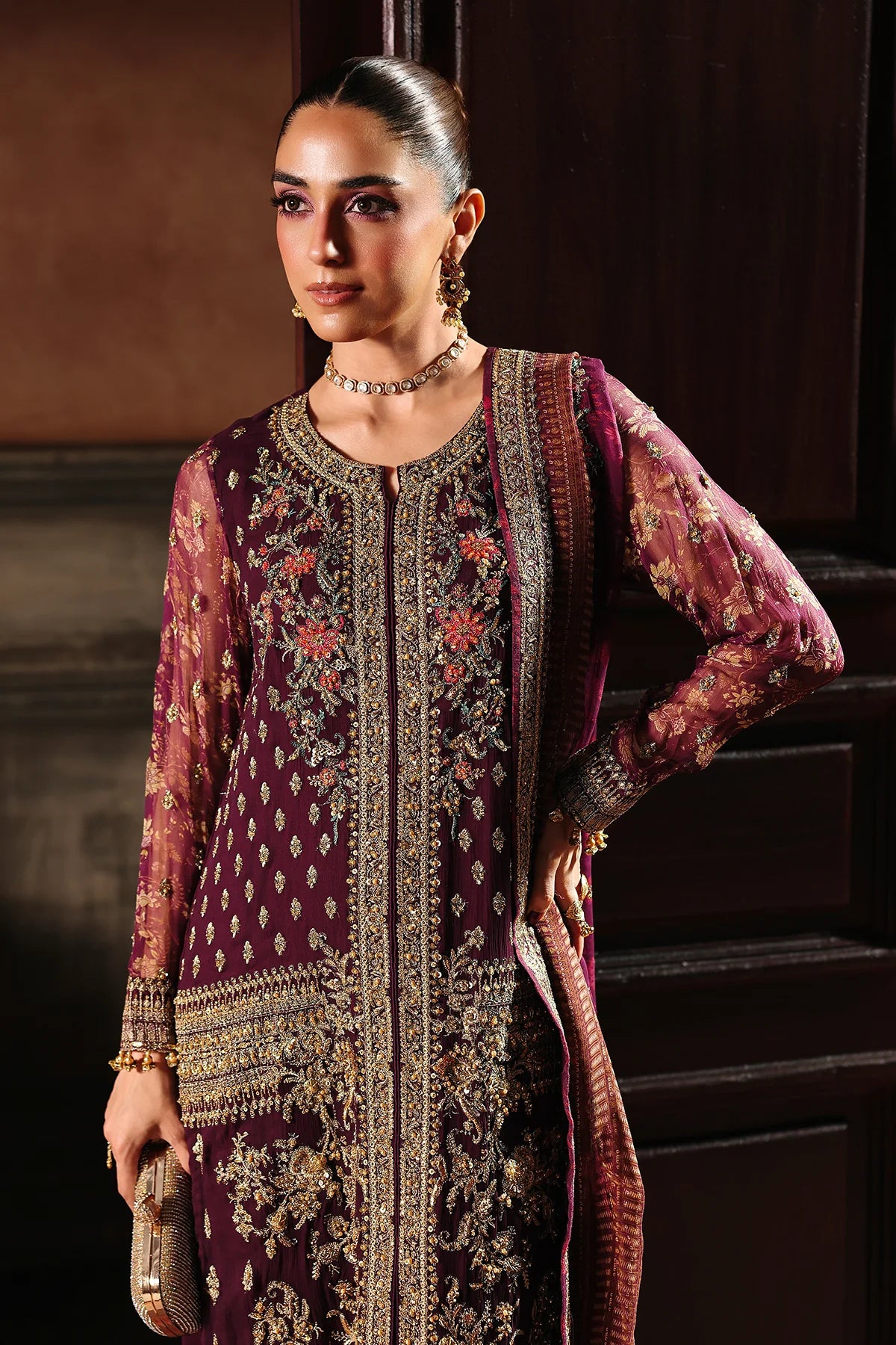 DJW5-07 lavender chiffon embroidered outfit with dupatta & silk trousers – stitched ready-to-wear Charizma festive dress.
