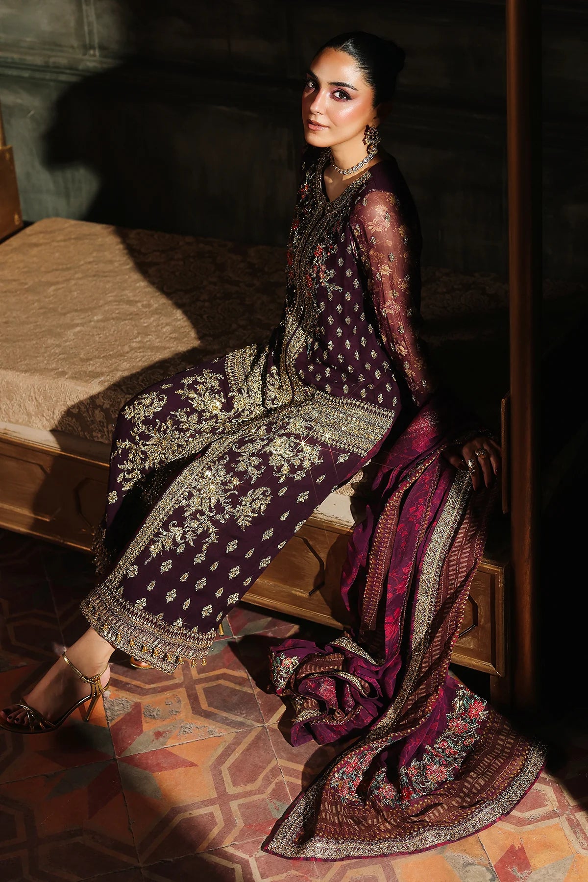 DJW5-07 lavender chiffon embroidered outfit with dupatta & silk trousers – stitched ready-to-wear Charizma festive dress.