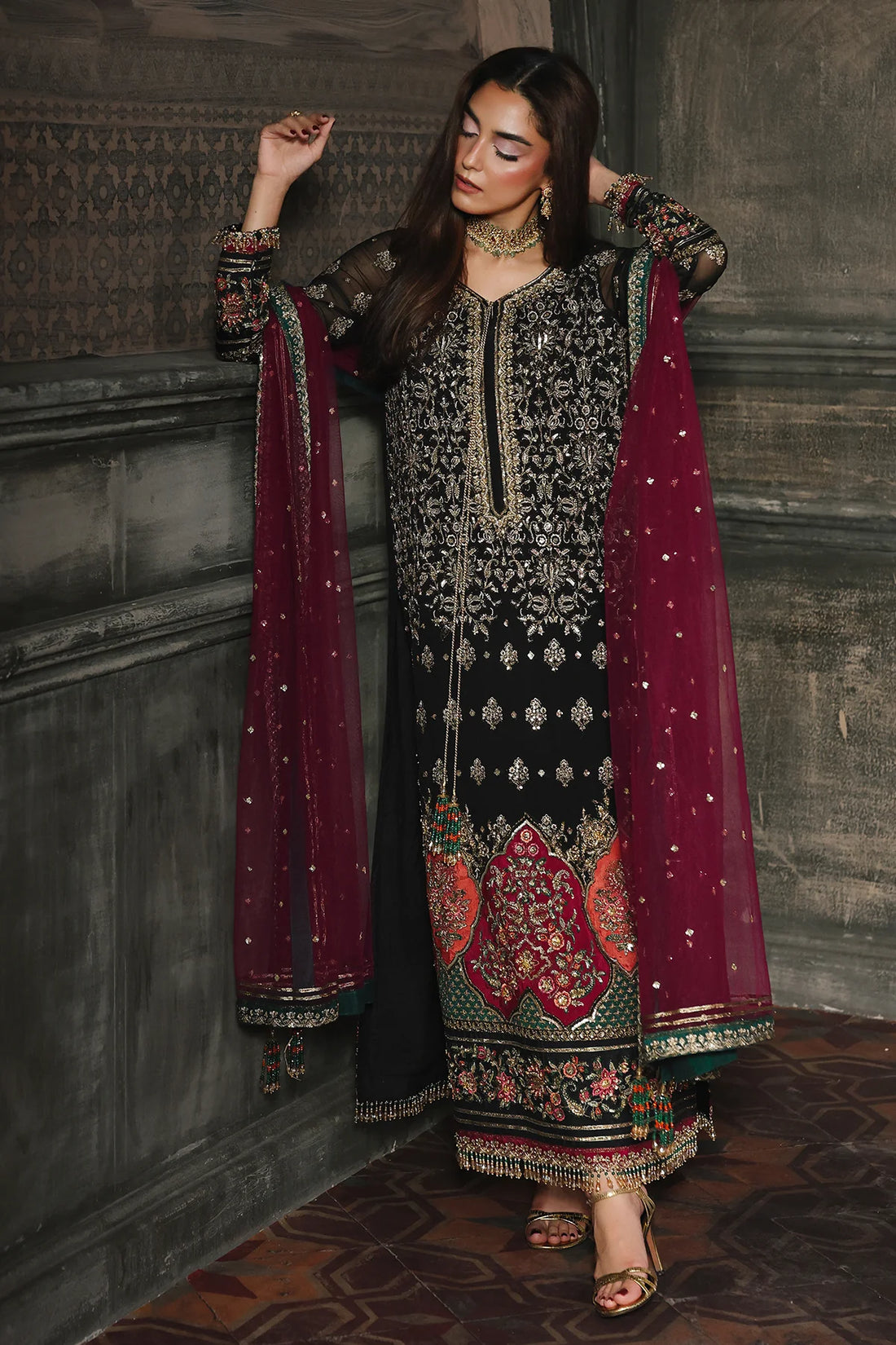 DJW5-08 Charizma black party wear stitched chiffon suit Pakistanimoda with net dupatta and adda work
