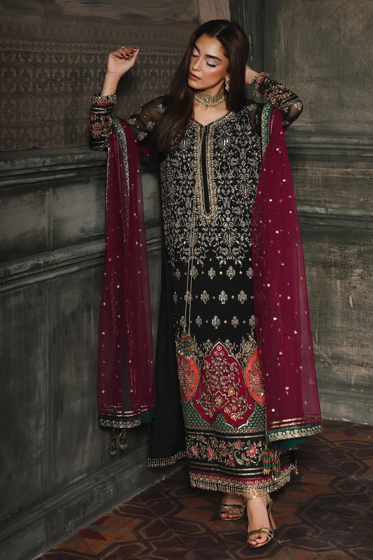 DJW5-08 Charizma black party wear stitched chiffon suit Pakistanimoda with net dupatta and adda work
