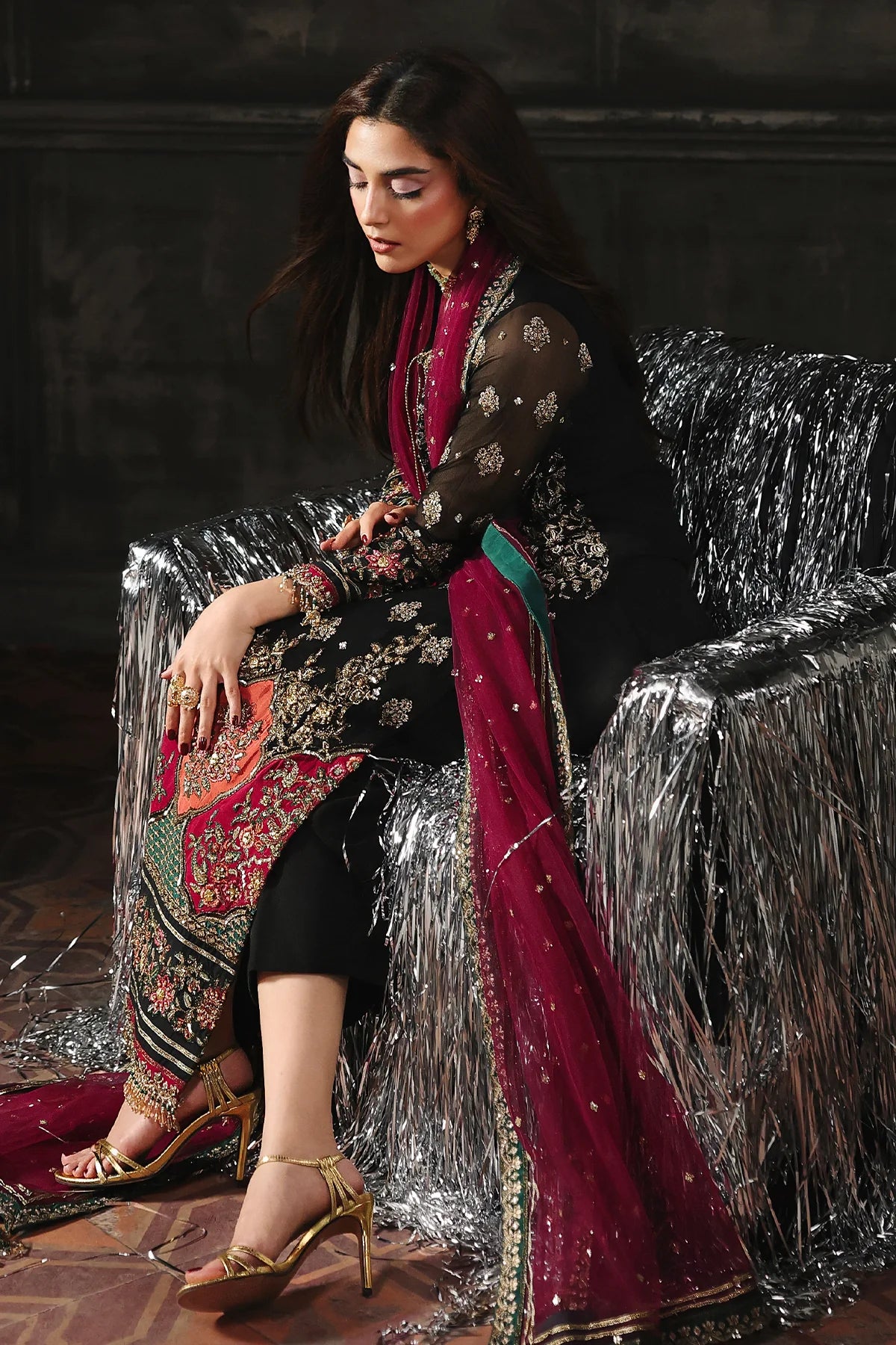 DJW5-08 Charizma black party wear stitched chiffon suit Pakistanimoda with net dupatta and adda work