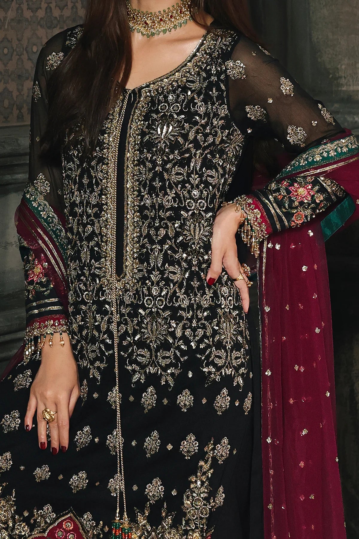DJW5-08 Charizma black party wear stitched chiffon suit Pakistanimoda with net dupatta and adda work