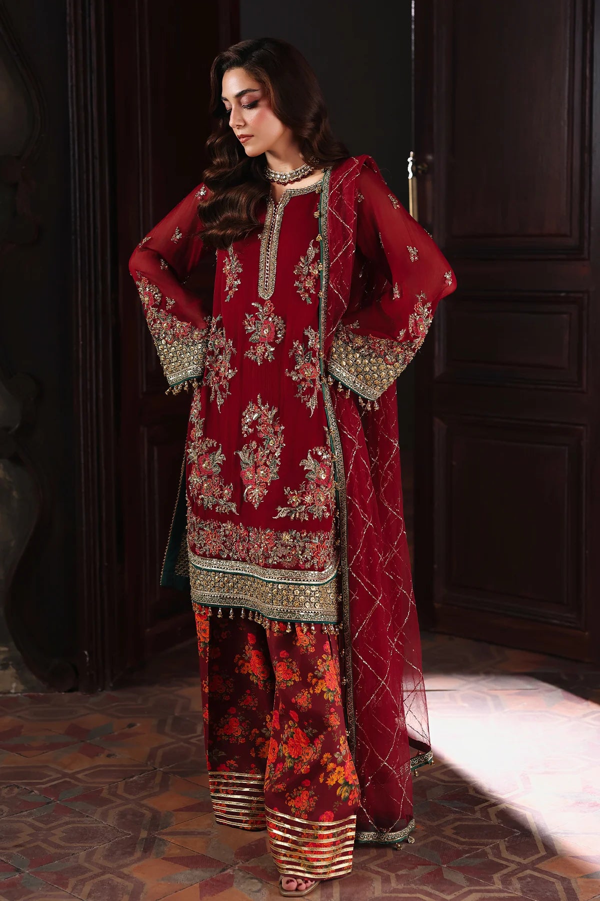 DJW5-09 Charizma maroon festive winter wedding chiffon suit with printed raw silk trouser and net dupatta Pakistanimoda