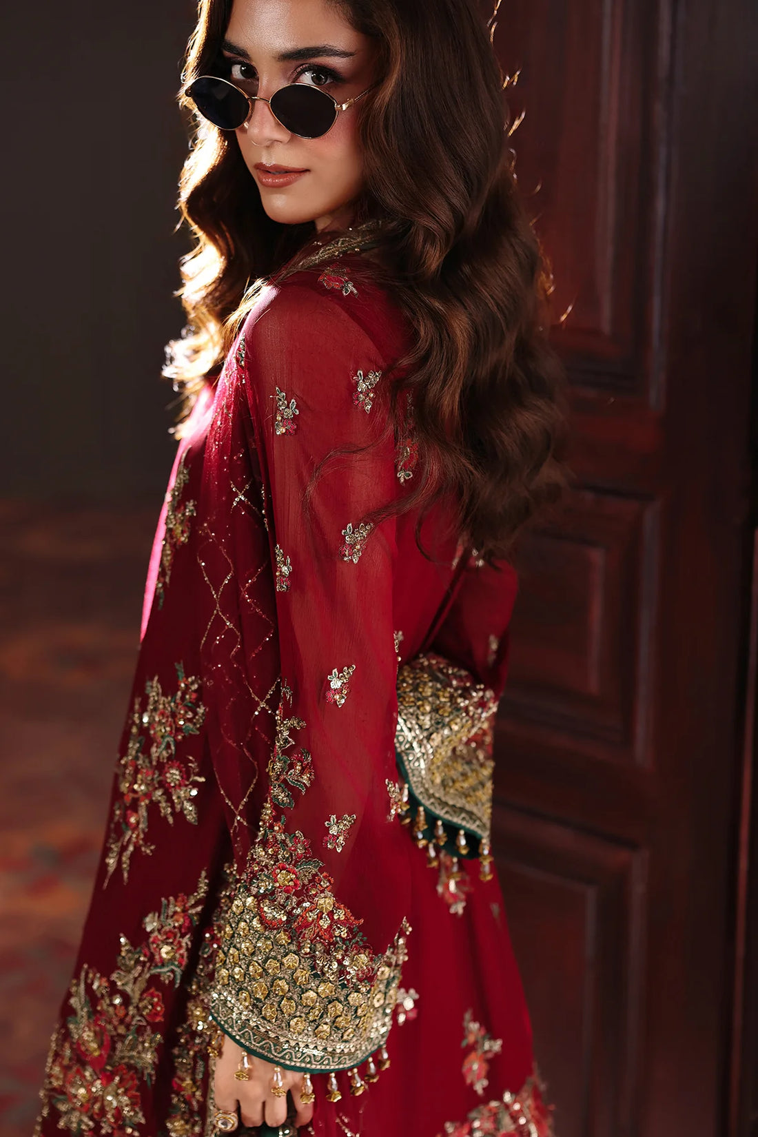 DJW5-09 Charizma maroon festive winter wedding chiffon suit with printed raw silk trouser and net dupatta Pakistanimoda