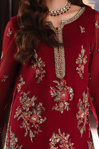 DJW5-09 Charizma maroon festive winter wedding chiffon suit with printed raw silk trouser and net dupatta Pakistanimoda