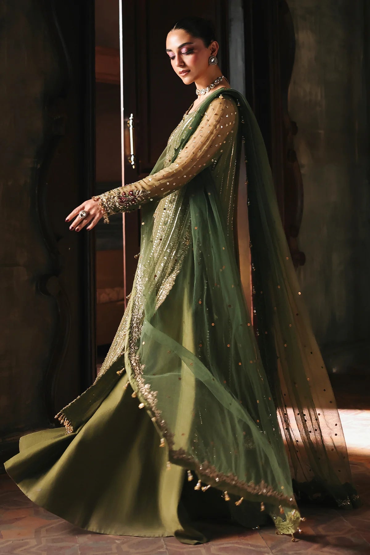DJW5-10 Charizma green Mehndi celebration stitched chiffon suit with embroidered net dupatta Pakistanimoda