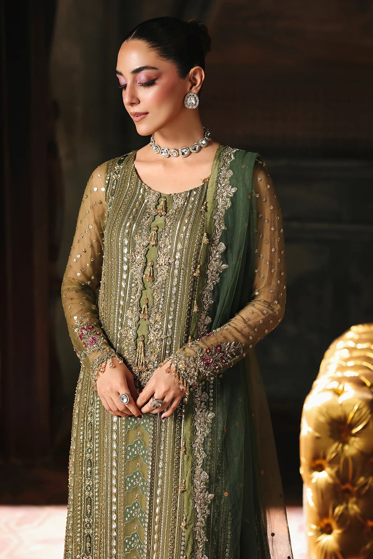 DJW5-10 Charizma green Mehndi celebration stitched chiffon suit with embroidered net dupatta Pakistanimoda