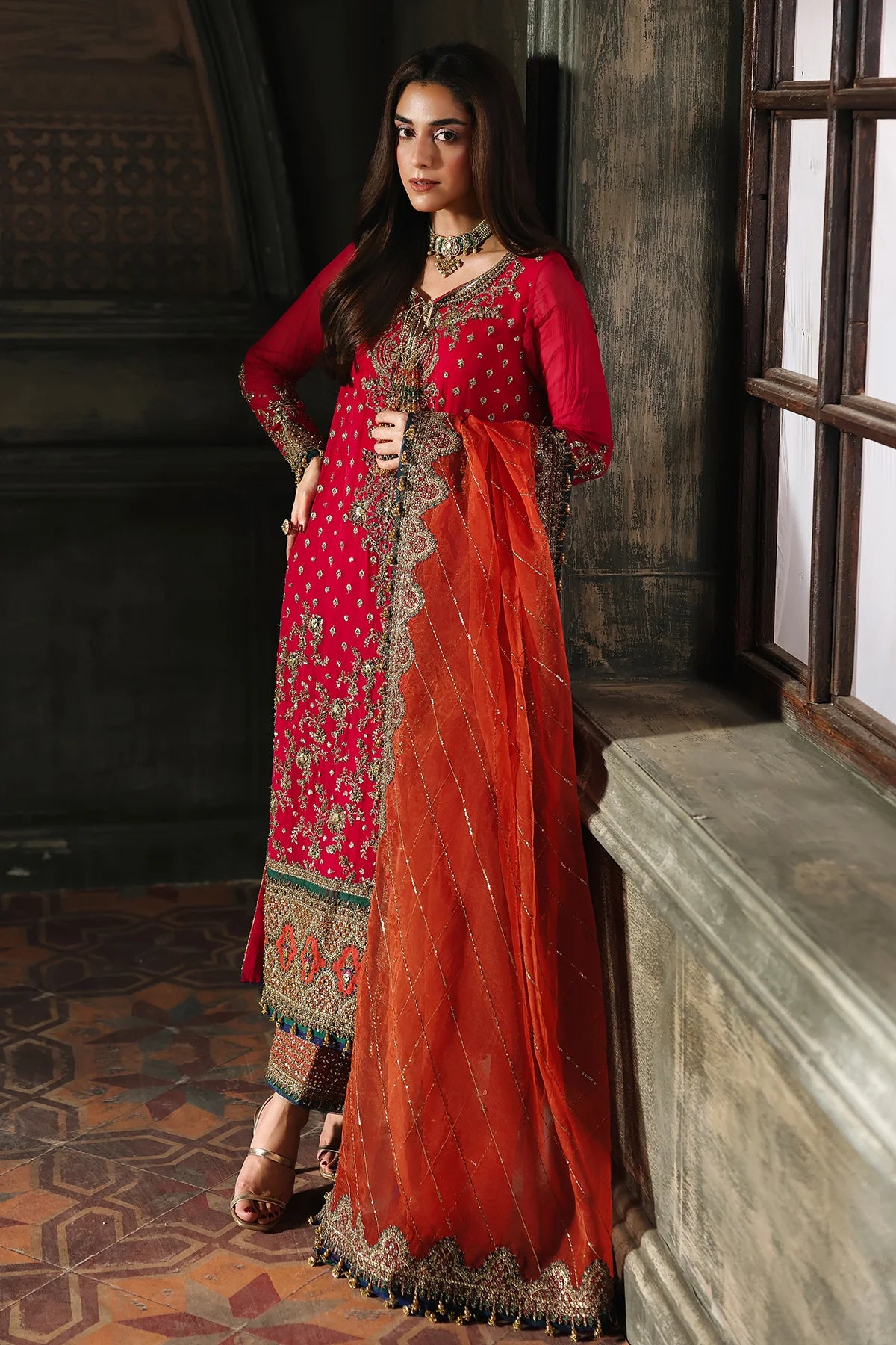 DJW5-13 Charizma red chiffon formal outfit with heavy adda work and orange organza dupatta Pakistanimoda