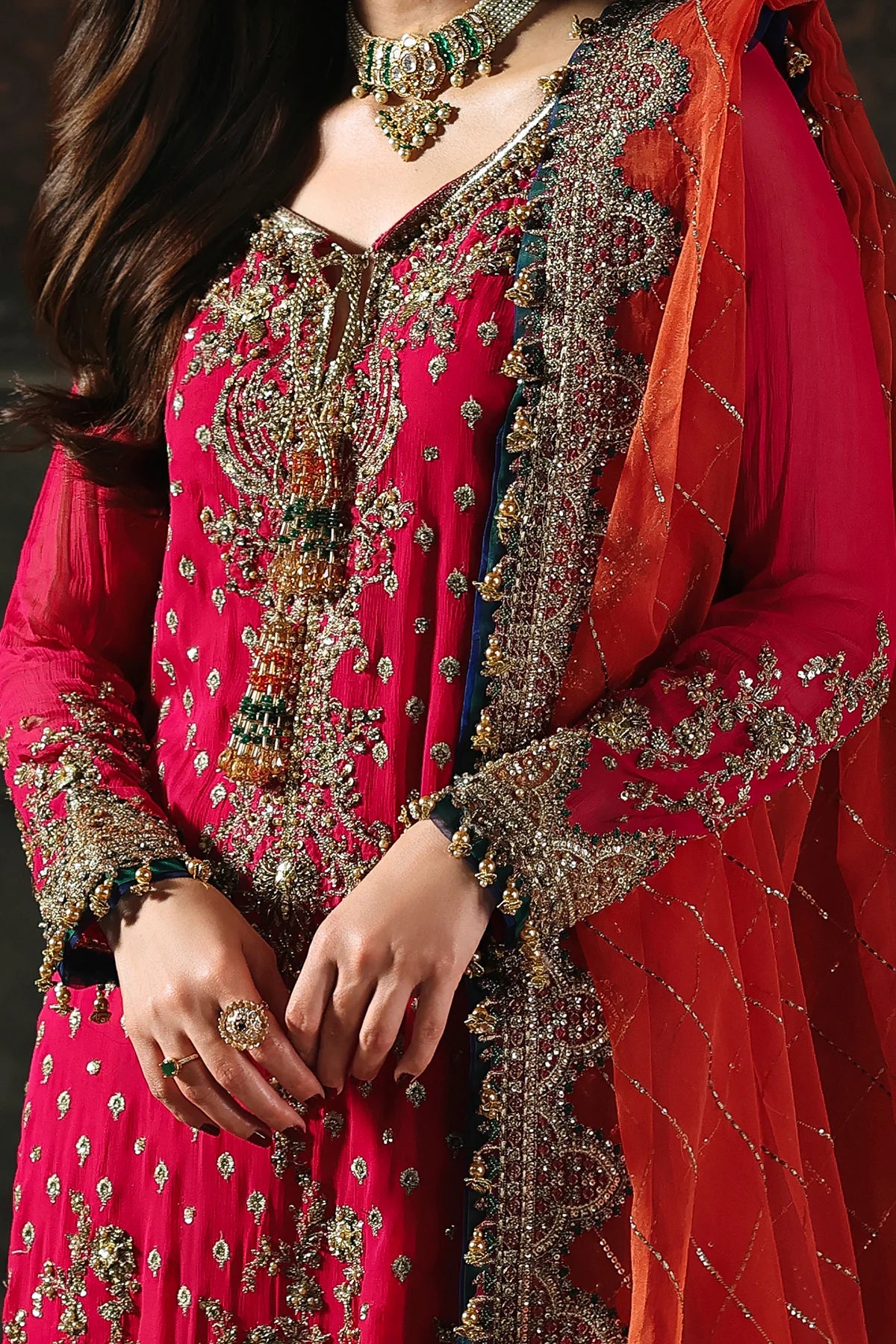 DJW5-13 Charizma red chiffon formal outfit with heavy adda work and orange organza dupatta Pakistanimoda