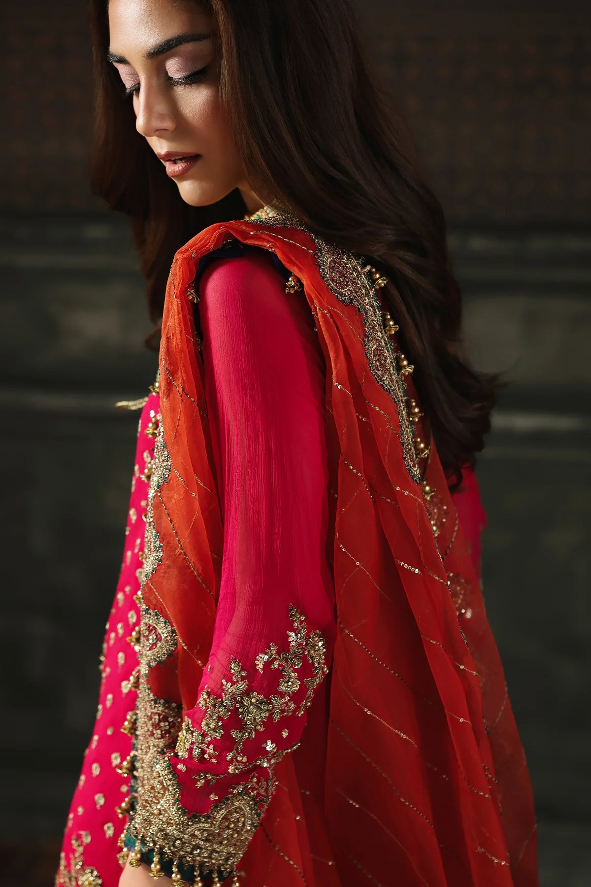 DJW5-13 Charizma red chiffon formal outfit with heavy adda work and orange organza dupatta Pakistanimoda