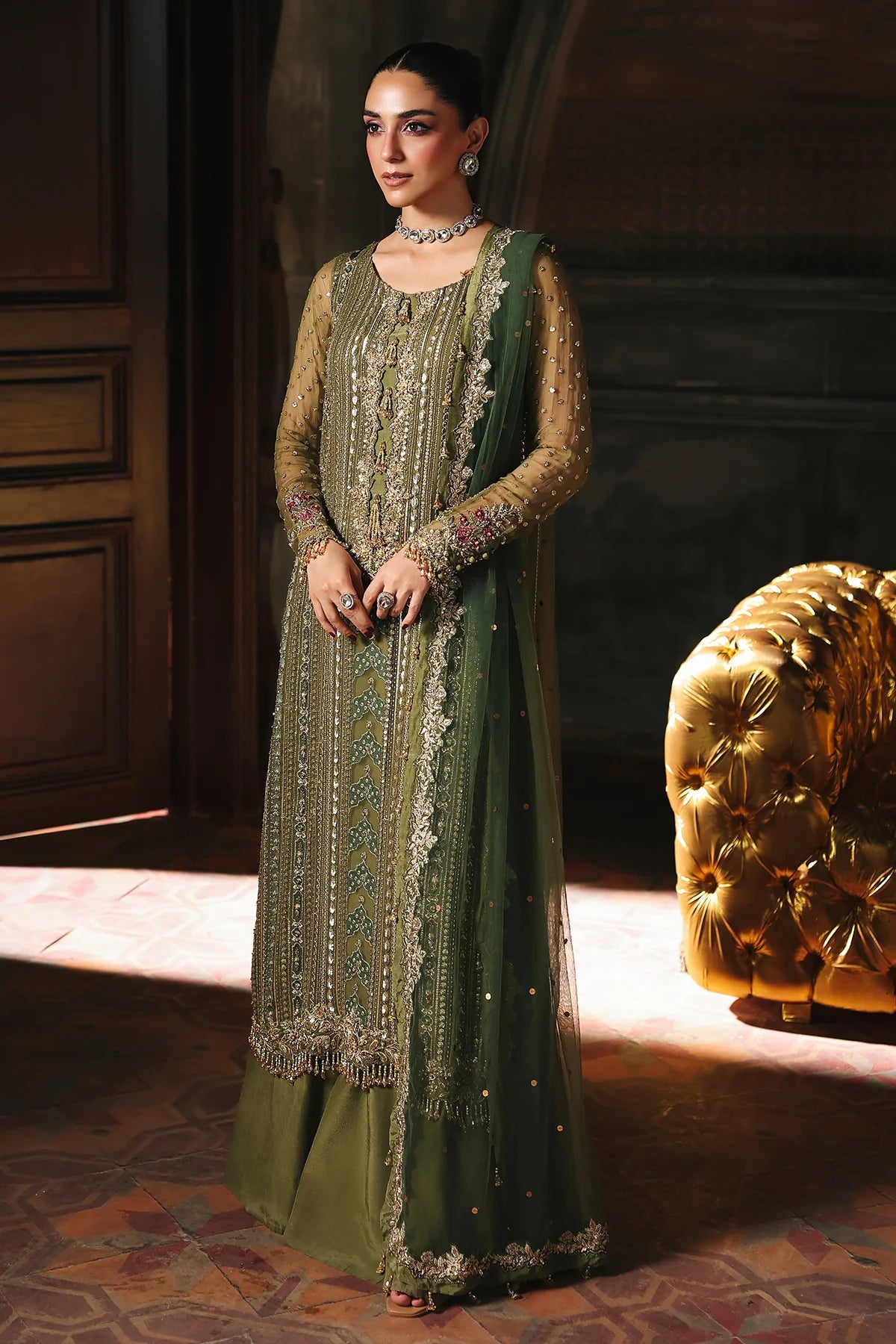 DJW5-10 Charizma green Mehndi celebration stitched chiffon suit with embroidered net dupatta Pakistanimoda