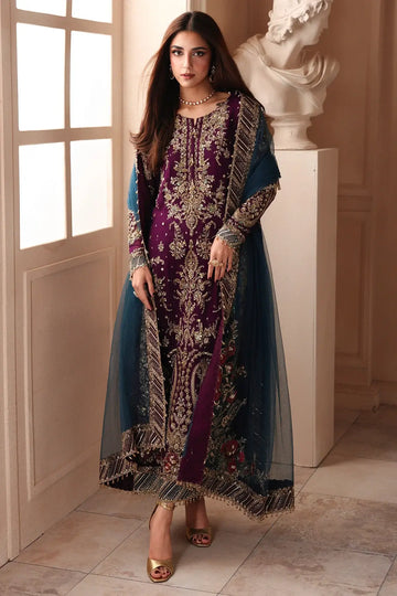 DJW6-01 plum embroidered chiffon stitched Pakistani 3PC suit with adda work, raw silk trouser and teal embroidered net dupatta