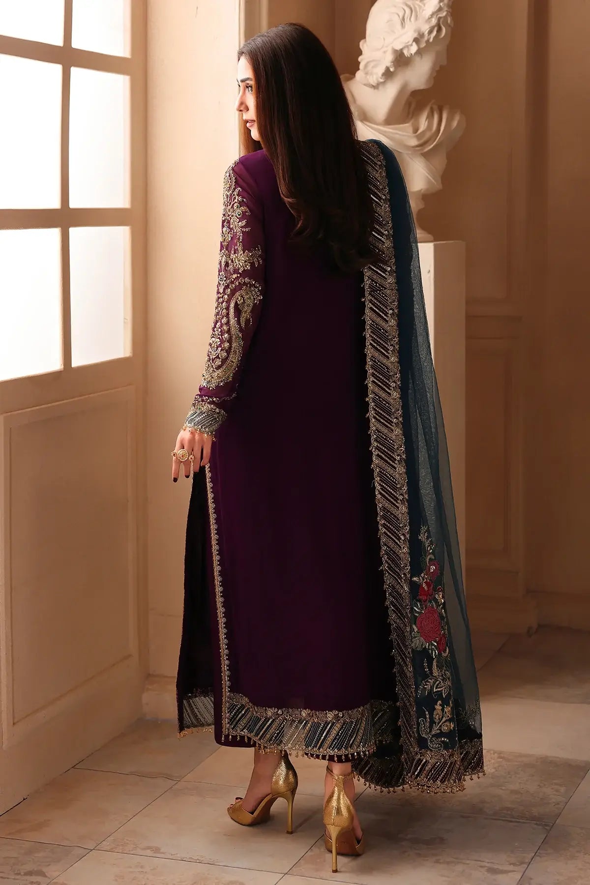 DJW6-01 plum embroidered chiffon stitched Pakistani 3PC suit with adda work, raw silk trouser and teal embroidered net dupatta