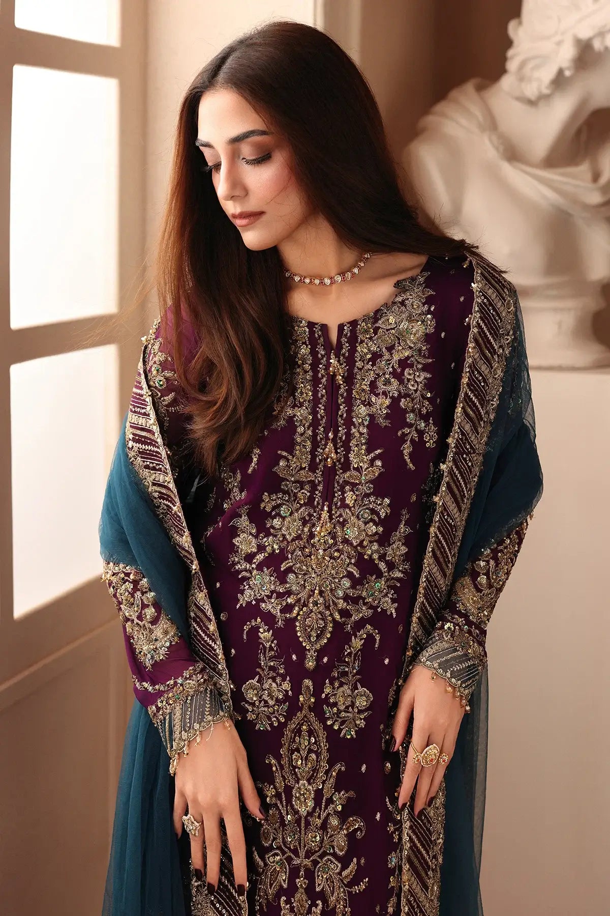 DJW6-01 plum embroidered chiffon stitched Pakistani 3PC suit with adda work, raw silk trouser and teal embroidered net dupatta