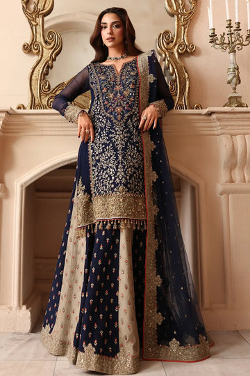 DJW6-02 navy blue embroidered stitched Pakistani formal suit with adda work chiffon shirt, embroidered raw silk trouser and net dupatta