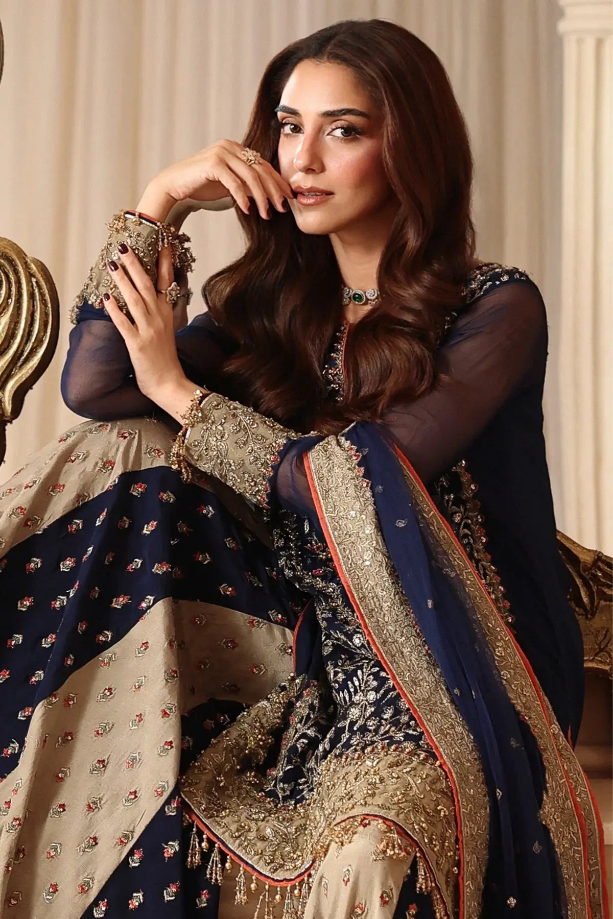 DJW6-02 navy blue embroidered stitched Pakistani formal suit with adda work chiffon shirt, embroidered raw silk trouser and net dupatta