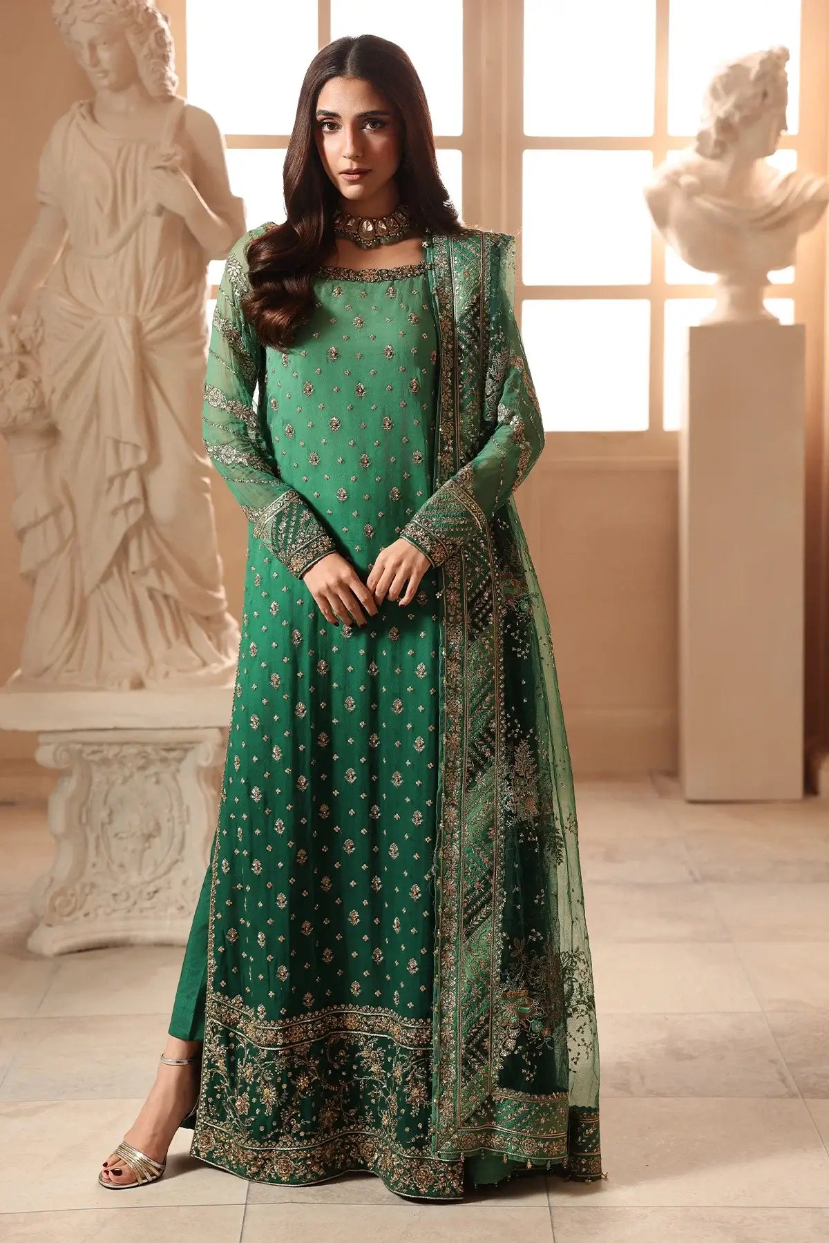 DJW6-03 green embroidered stitched Pakistani festive 3PC suit with adda work chiffon shirt, raw silk trouser and embroidered net dupatta