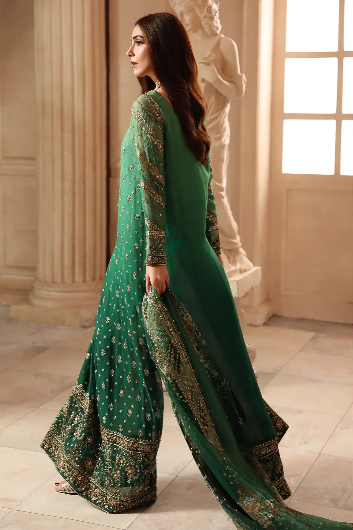 DJW6-03 green embroidered stitched Pakistani festive 3PC suit with adda work chiffon shirt, raw silk trouser and embroidered net dupatta